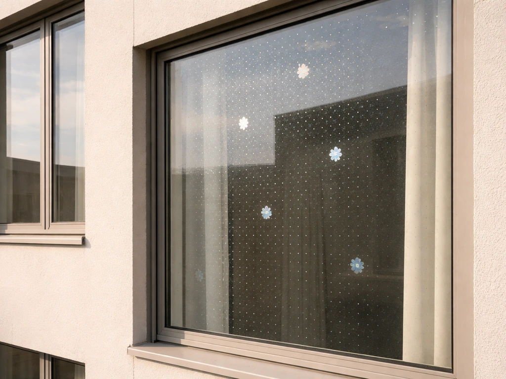 Apartment building facade showing dot-pattern bird deterrent decals on exterior windows to prevent strikes.