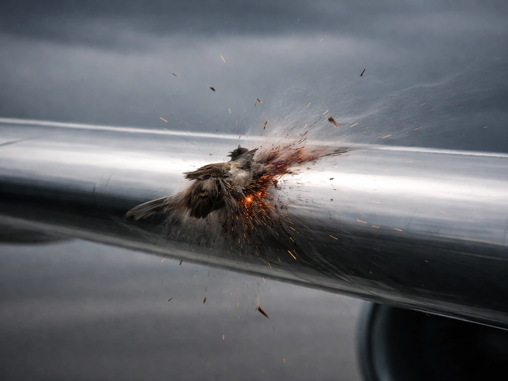 A small bird collides with an aircraft wing, scattering sparks and debris in a split-second impact.