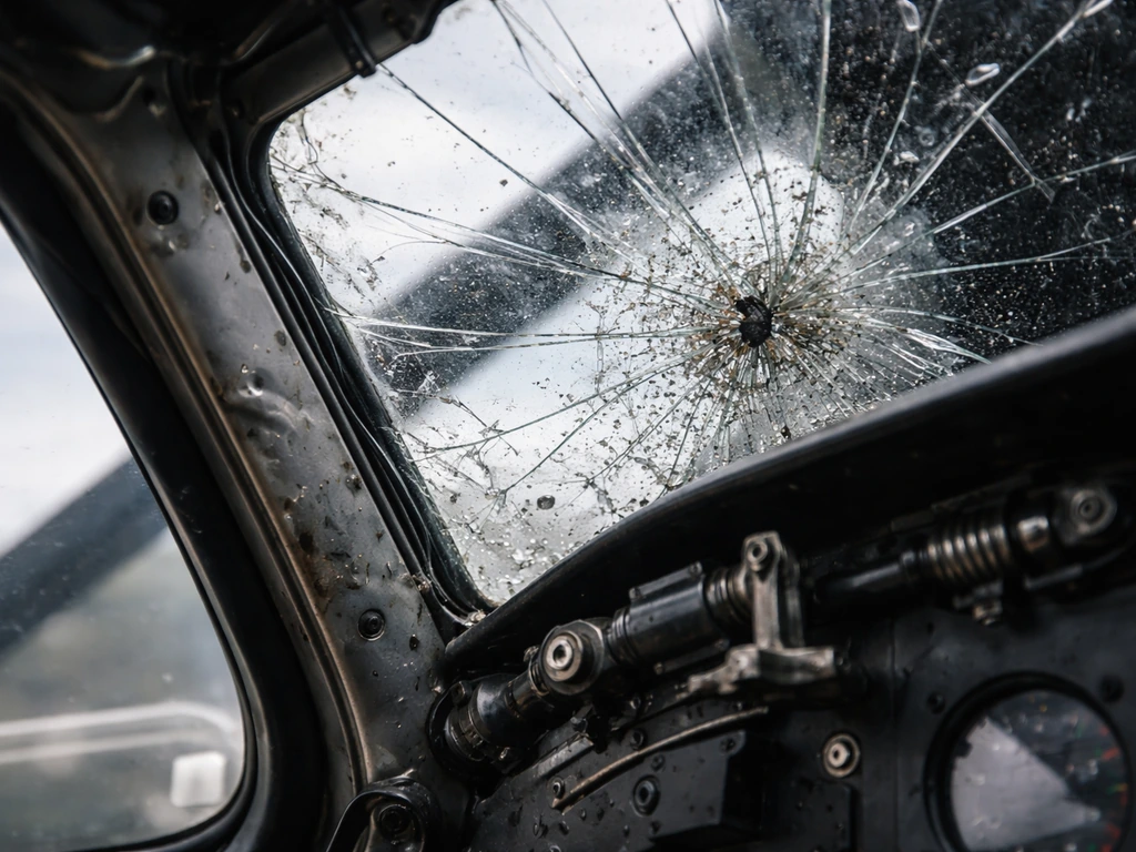 Close-up of a helicopter cockpit windshield with visible cracking and nearby damaged control linkage.