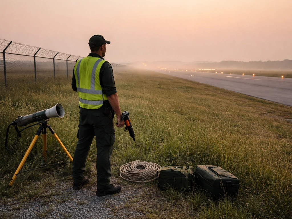Wildlife control officer near an empty runway with deterrent launcher and equipment to prevent bird strikes.