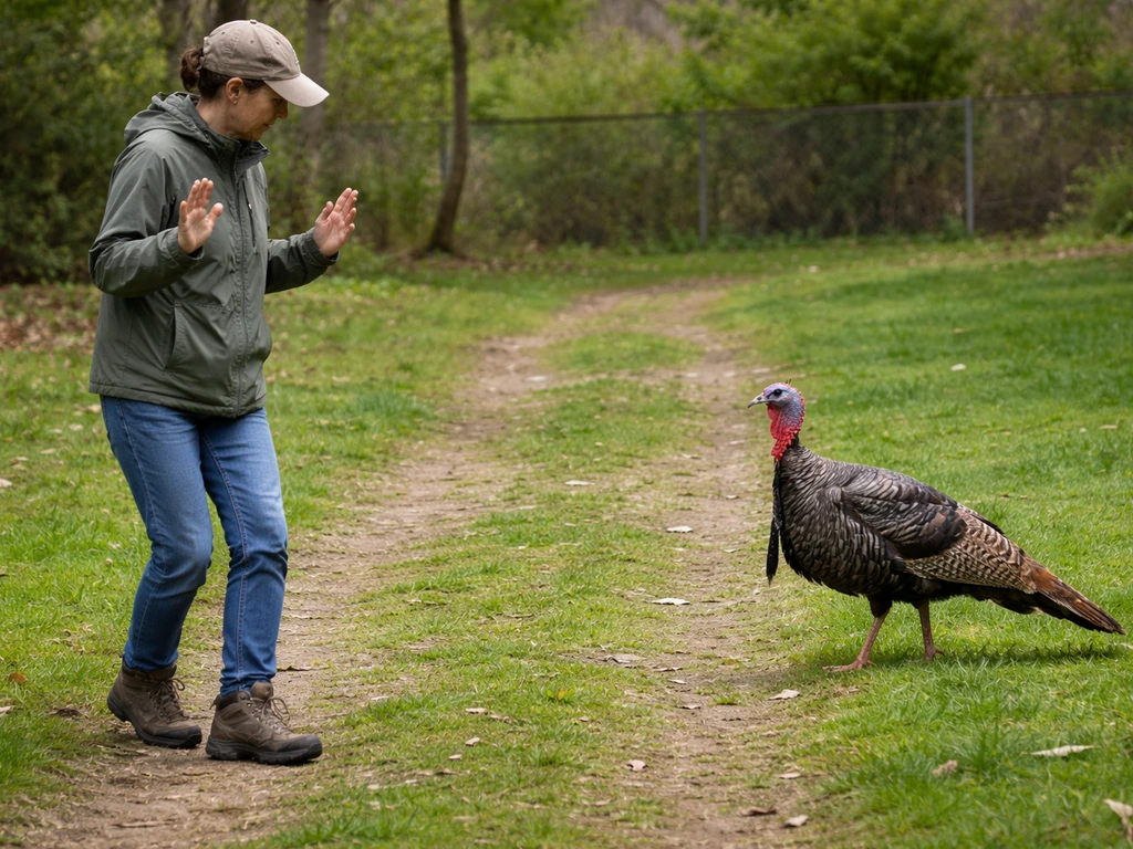 Person in a safe stance backing away from a wild bird in a quiet yard, no weapon visible.
