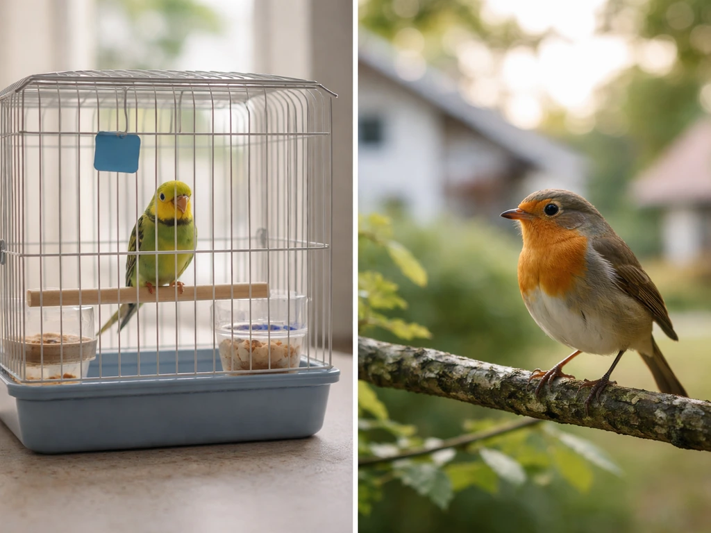 Split-style image showing a small pet bird in a cage and a wild bird in a neighborhood yard