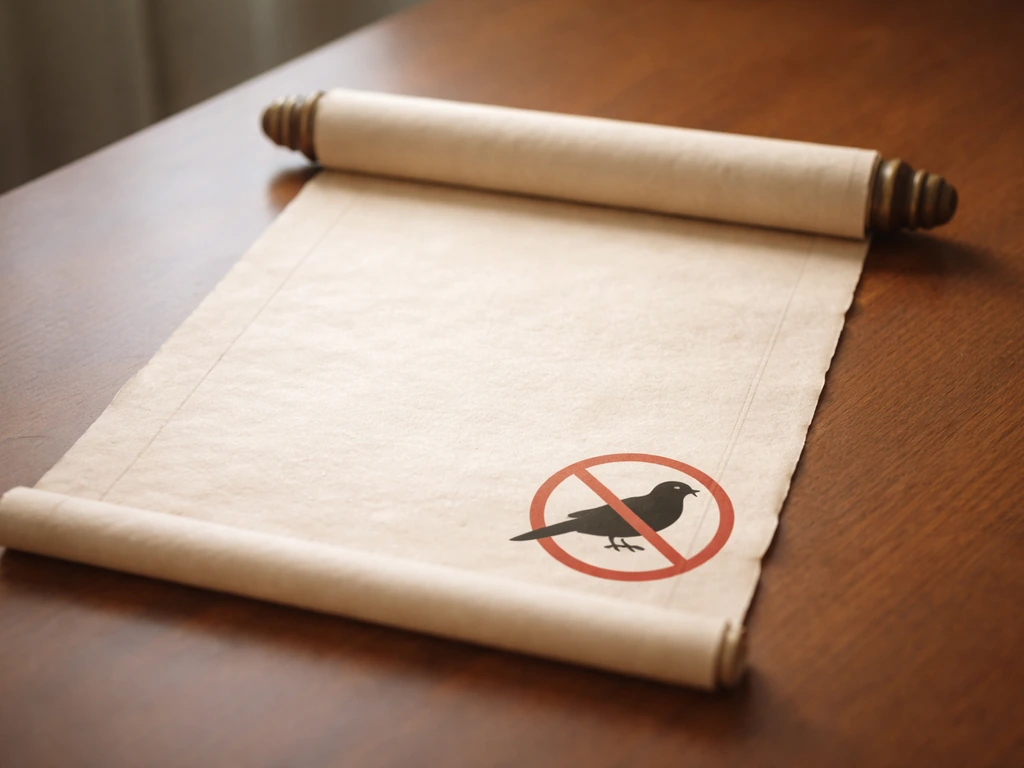 Open blank scroll legal document on a desk with a red bird prohibition symbol beside it.
