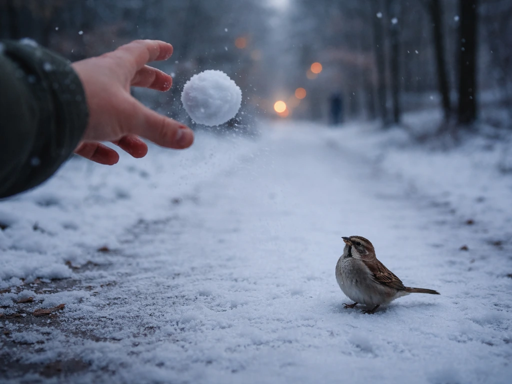 Snowball mid-throw toward a small bird on a snowy path in a quiet winter park.