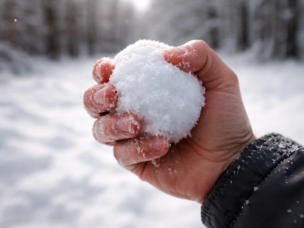 Close-up of a dense snowball held in a hand, ready to be thrown in a snowy outdoor setting.