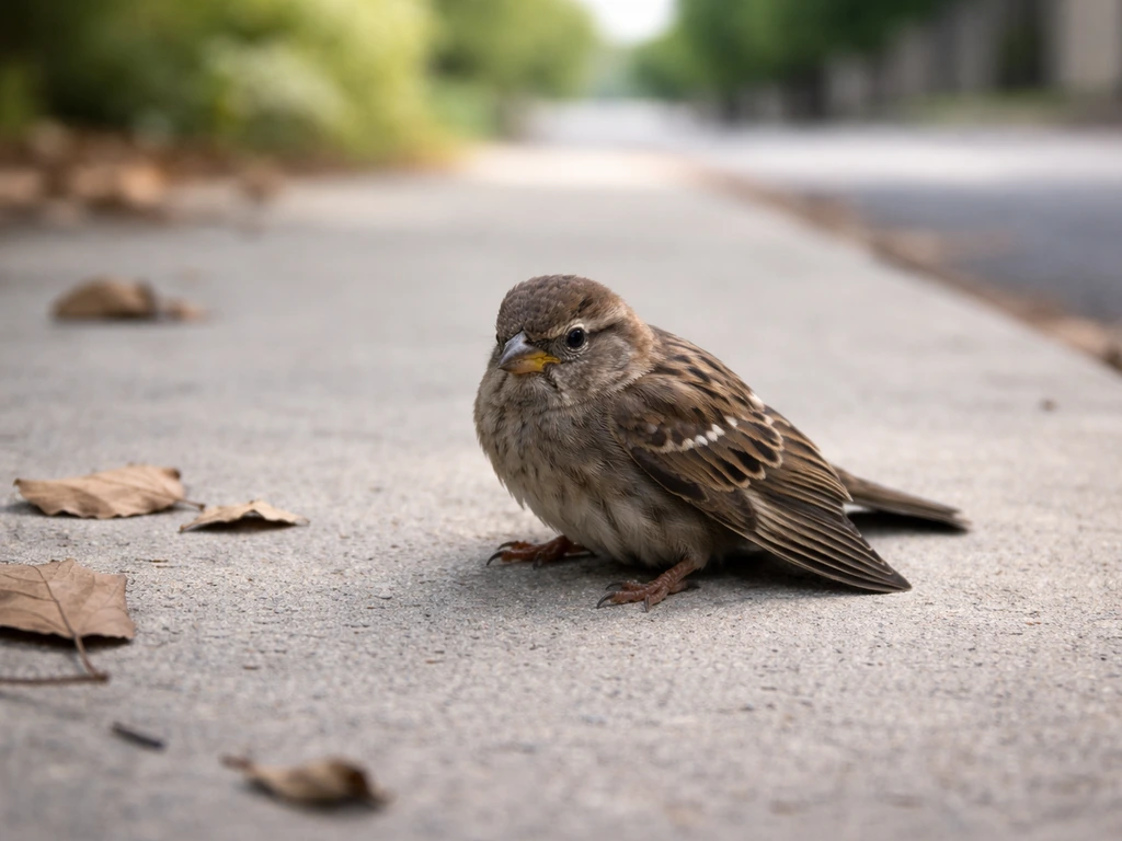 Small injured bird resting on a sidewalk, one wing slightly lower, showing alert but stressed posture.