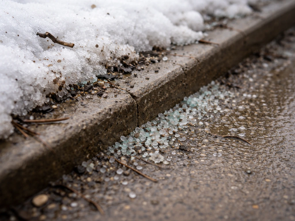 Close view of contaminated snow beside a sidewalk with scattered road salt residue and faint debris