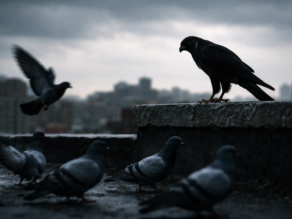 A dark hawk silhouette perched on a rooftop ledge as pigeons scatter below in an urban setting.