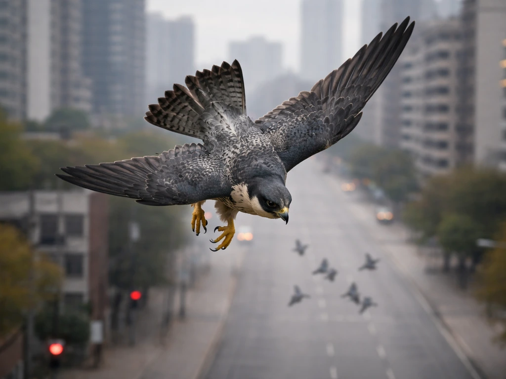 Peregrine falcon diving over an urban street while pigeons scatter in the distance.