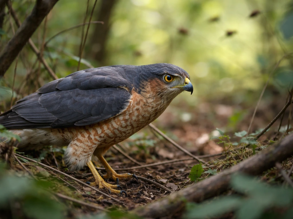 Sharp-shinned hawk in an ambush posture among branches, eyeing small birds near a forest edge