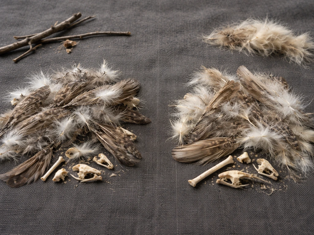 Two side-by-side arrangements of feathers and bone fragments on a cloth, with natural clue elements nearby.