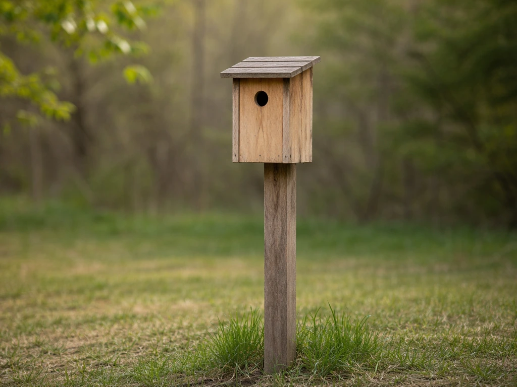 Outdoor bird nest box with a small entrance hole and surroundings showing limited access.