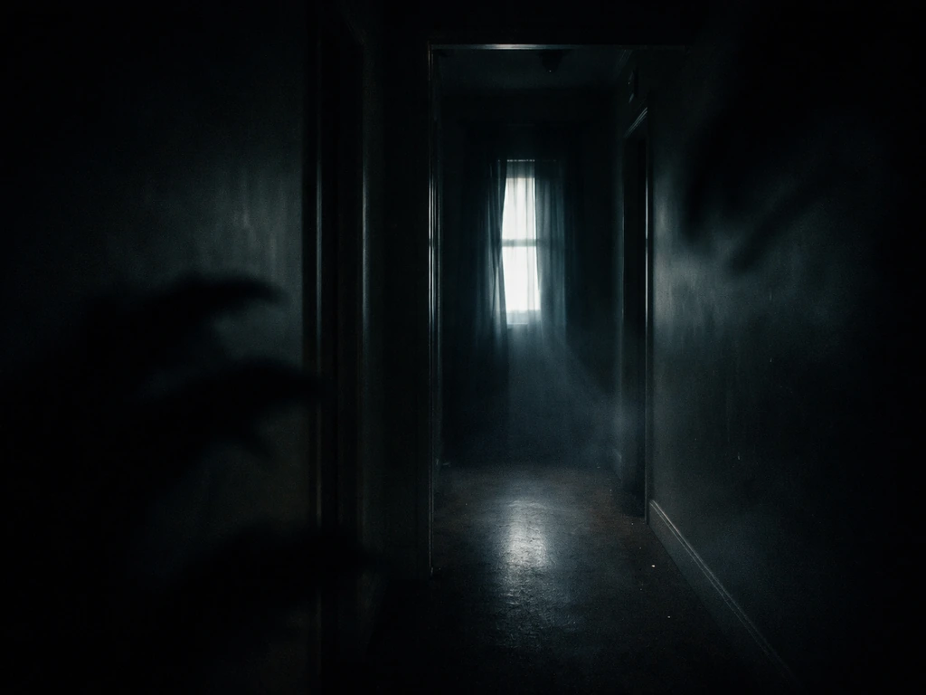 Dark hallway at night with shifting shadows suggesting an unseen monster, no creature visible.