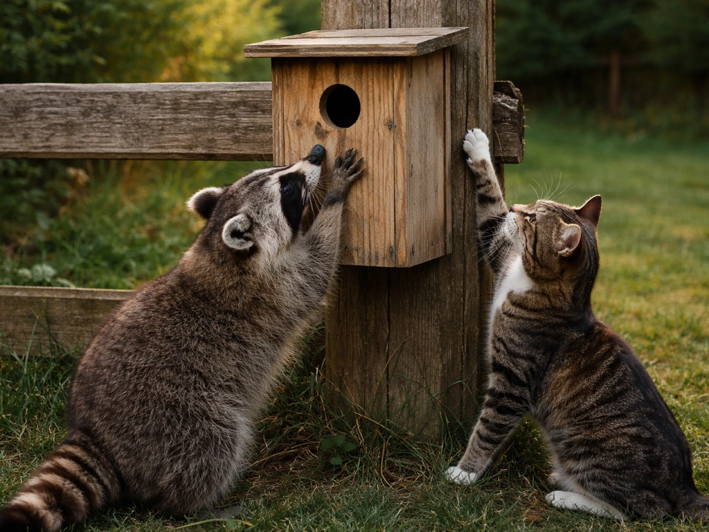 A raccoon and a domestic cat reaching toward a wooden bird nest box on a fence post at dusk
