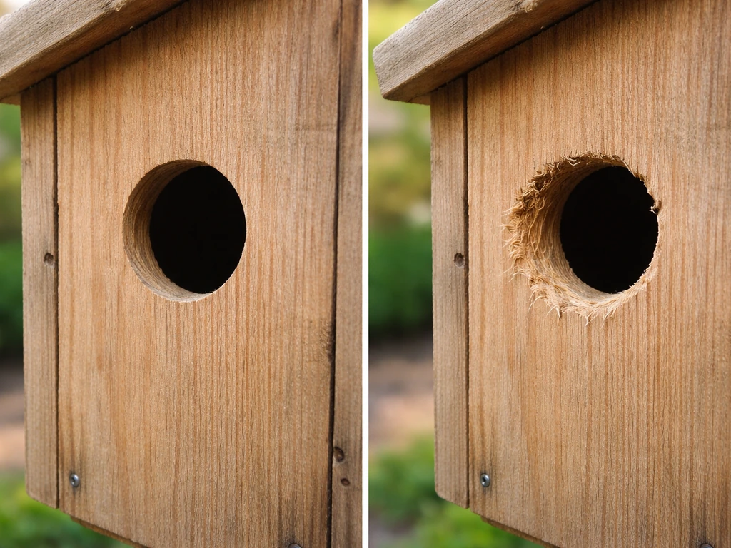 Close-up of a birdhouse entrance hole showing one clean opening and one chewed, too-large damaged opening.