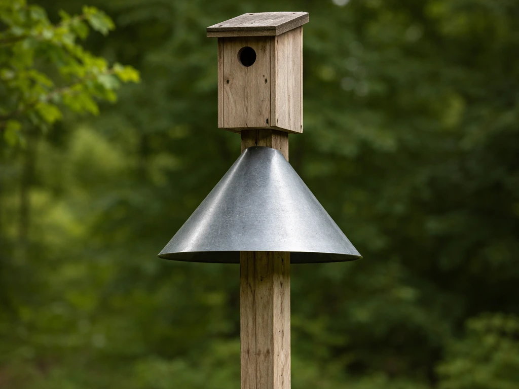 Cone-shaped metal baffle installed under a mounted bird box to prevent predators climbing.