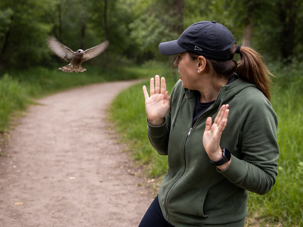 Person on a park trail in a defensive stance as a small bird dives toward them mid-flight
