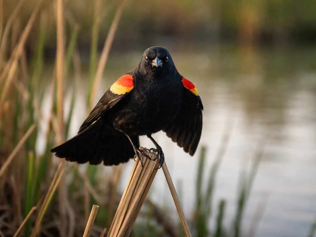 Red-winged blackbird perched near reeds in a marsh, alert and ready to defend its territory.