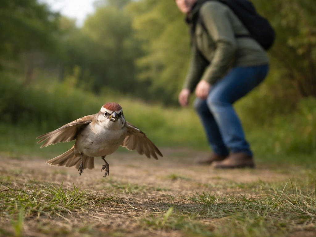 A small bird hovers low in alarm posture while a person stands in the background, signaling protective behavior.