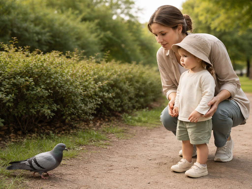 Adult calmly guides a child to stand still while a bird approaches nearby at ground level.