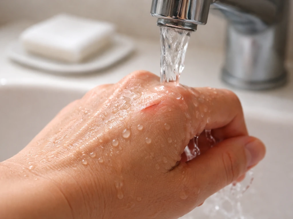 Close-up of a hand with a small cleaned scratch under running water, sterile gauze nearby