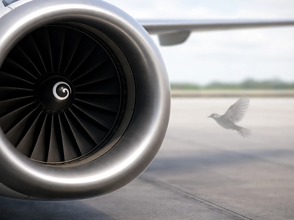 Modern jet engine intake with a faint bird silhouette approaching the inlet, suggesting a bird-strike scenario.