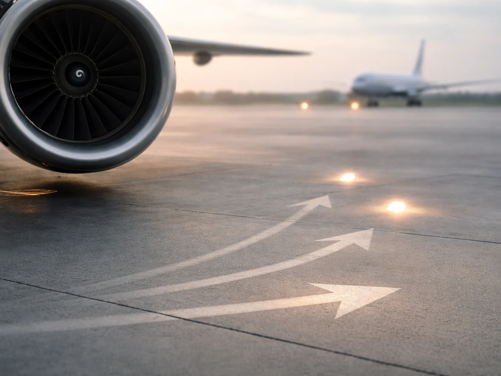 Aircraft engine area with simplified arrow path showing continued safe flight and controlled landing after bird strike
