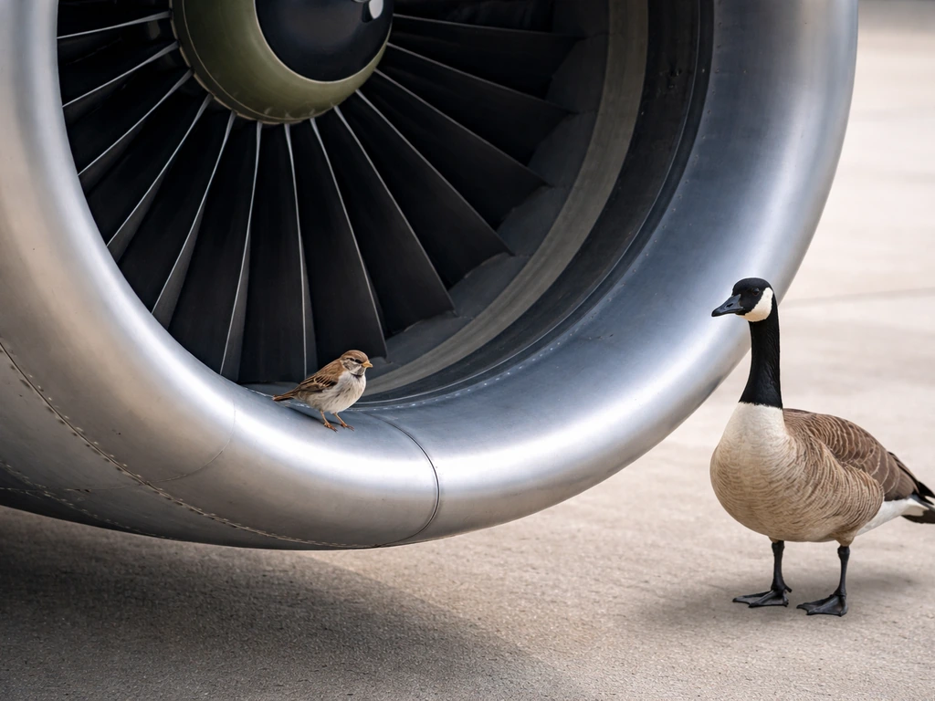 Small songbird and larger goose-like bird near a jet engine fan duct, showing size difference.