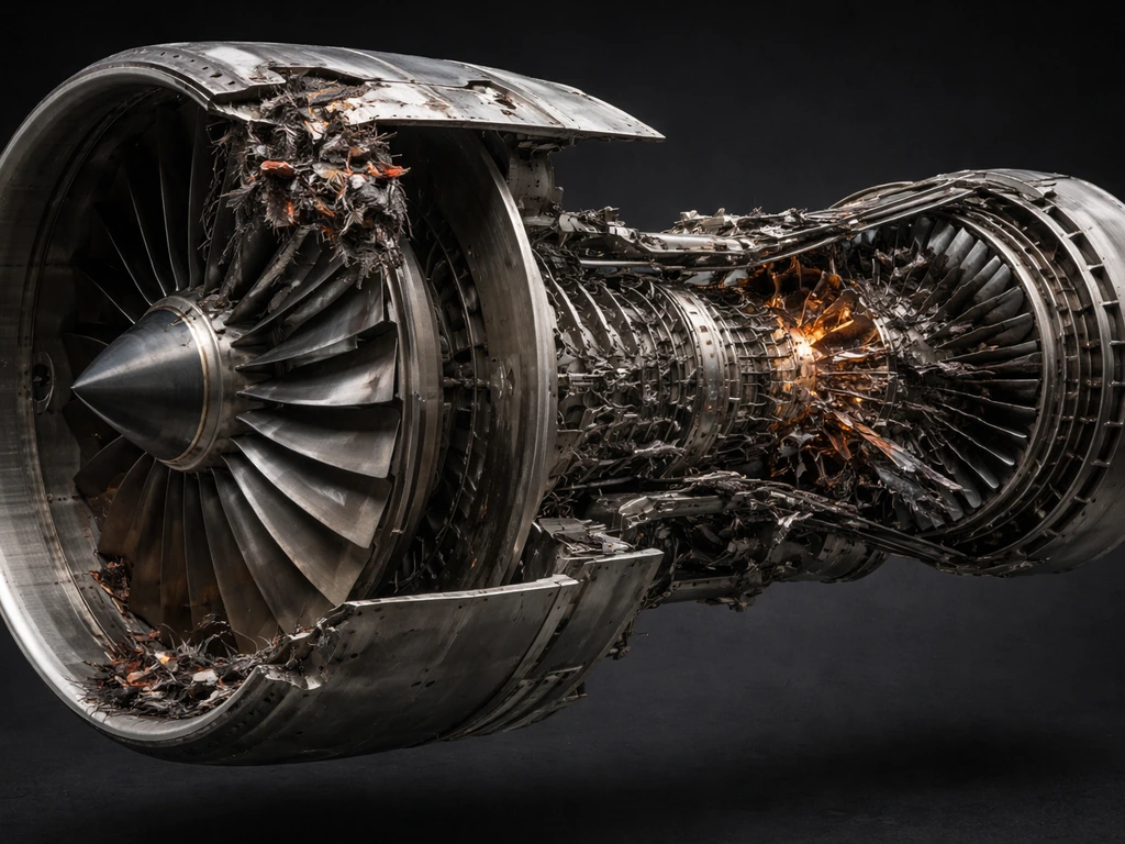 Minimal cross-section style view of a jet engine showing bird impact zones in bypass fan vs core