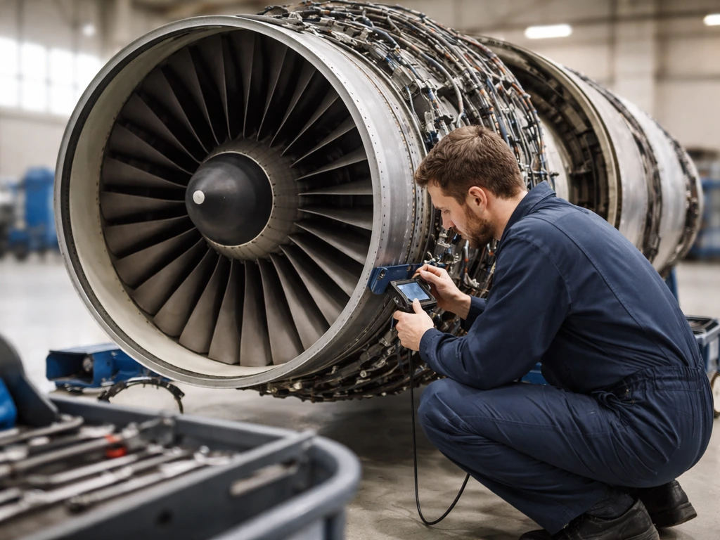 Ground crew inspects a turbofan engine with a borescope after suspected ingestion, aircraft hangar setting.