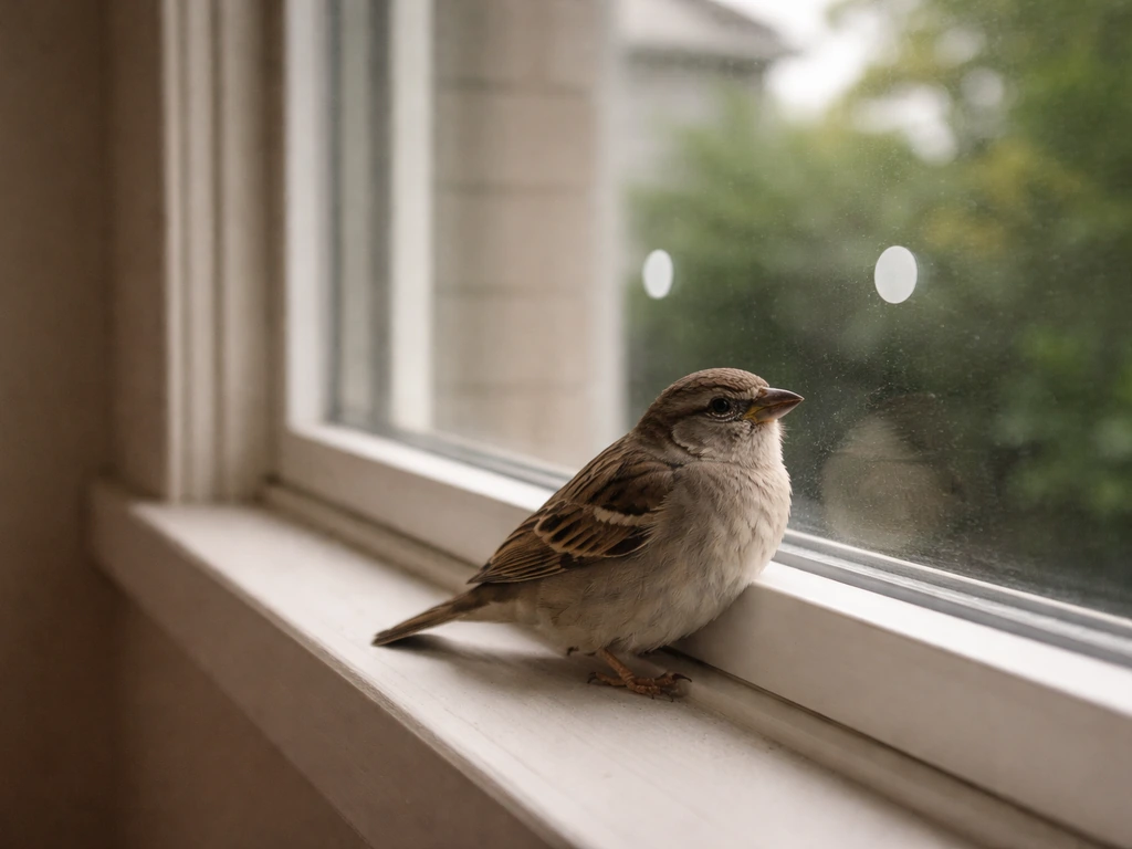 Small bird perched by a home window with subtle deterrent markers on the glass.
