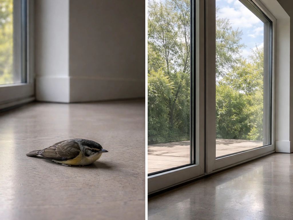Stunned bird on the ground beside a window, with trees and sky reflected in the glass.