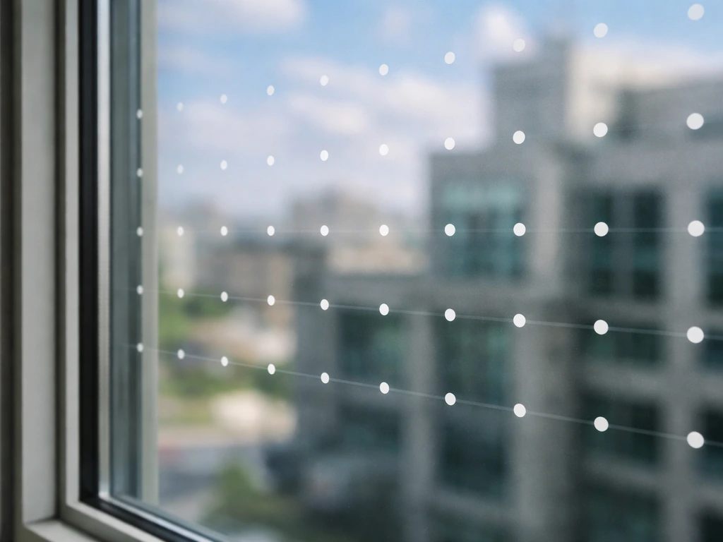 Close-up of exterior glass showing correctly spaced bird deterrent dot/stripe markers on the outside surface.