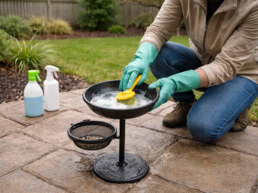 Gloved person outdoors carefully cleaning a bird feeder and keeping cleaning supplies away from home