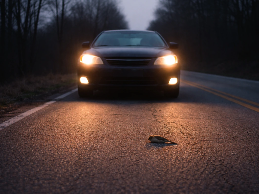 Car on a quiet road at dusk with a small bird on the pavement near the headlights.