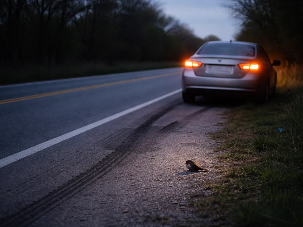 Car on a quiet road with hazards on after swerving to avoid a bird near the roadside.