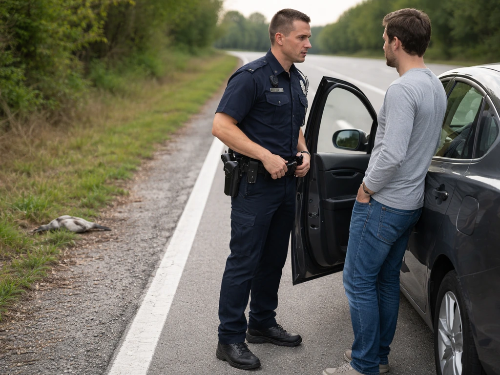 Police officer speaking with a driver beside a car near the roadside after a bird strike
