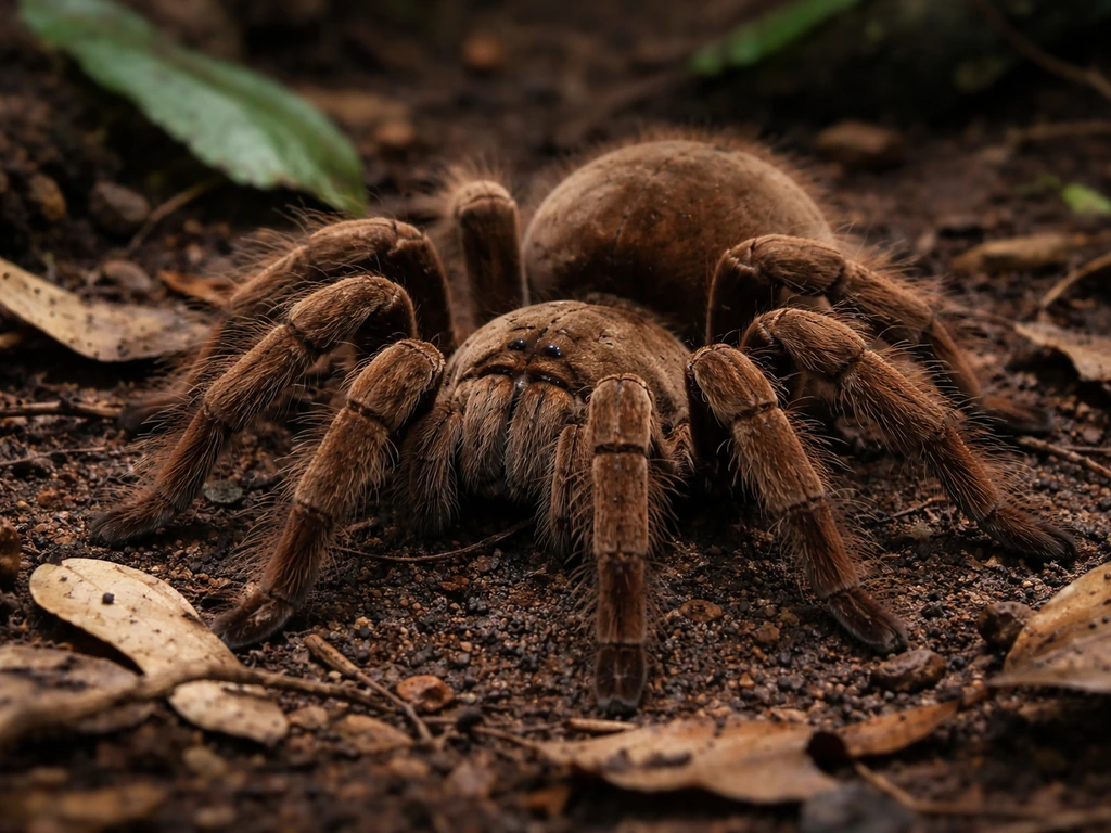 Close-up of a goliath birdeater tarantula resting on forest floor leaves, highlighting natural behavior.