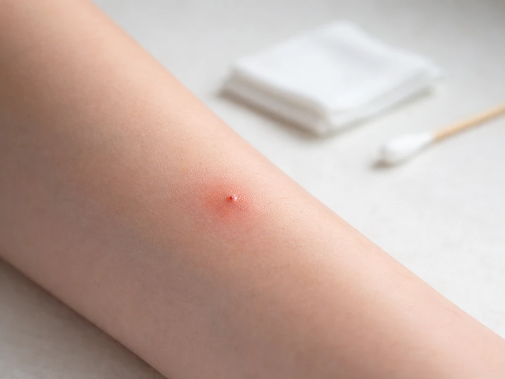 Closeup of a human forearm bite site with mild redness and slight swelling, clean skin, no text.