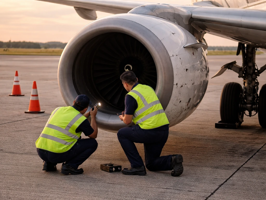 Ground crew inspects a passenger jet’s engine area after a bird strike, with tools and flashlights on the tarmac.