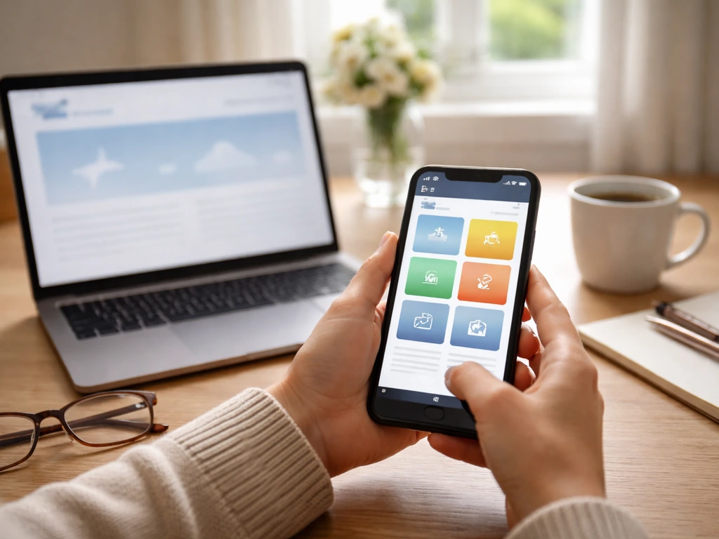 Hands using a smartphone to check flight status and alerts at a minimal kitchen table.