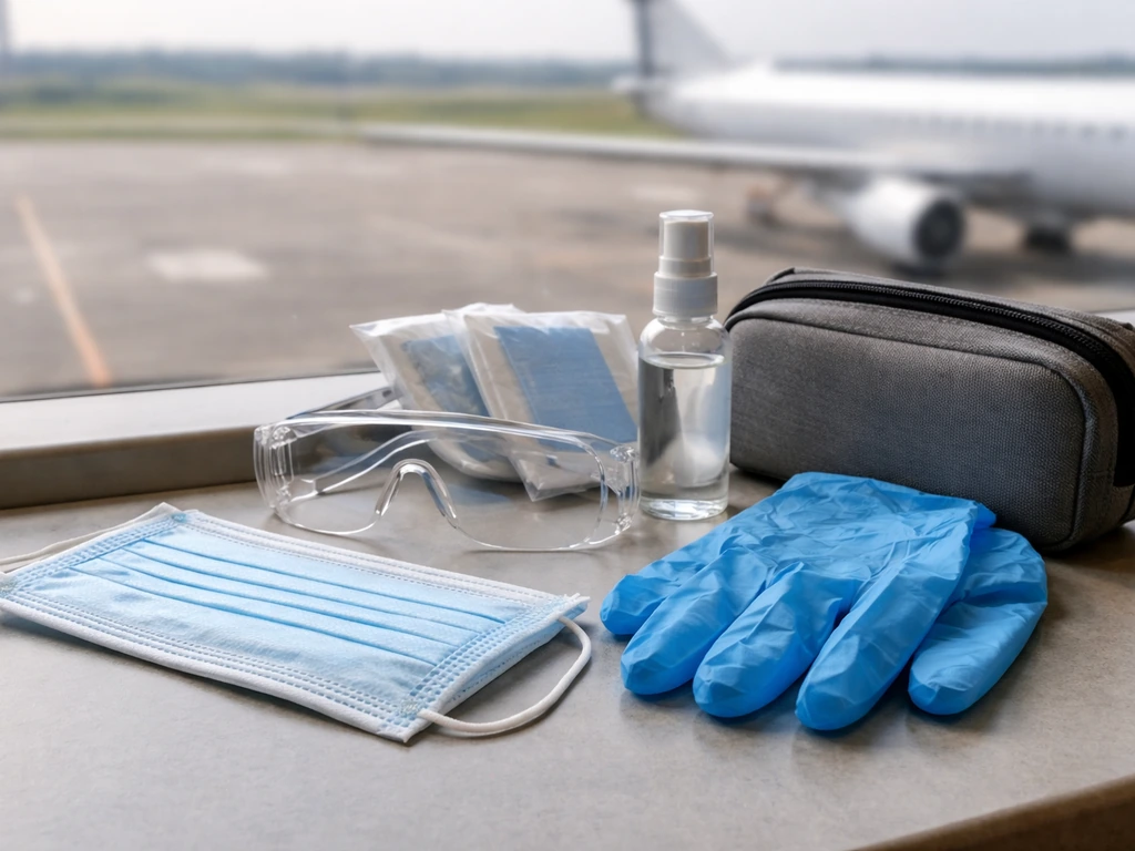 Closeup of airport safety PPE—mask, goggles, gloves—next to a small aircraft clean-up kit.