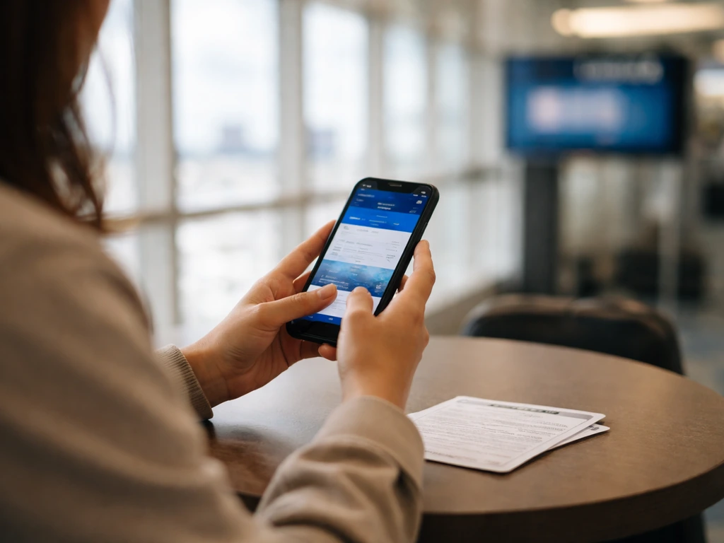 Airport passenger using a phone to capture flight status, boarding pass on a small table, blurred gate board behind