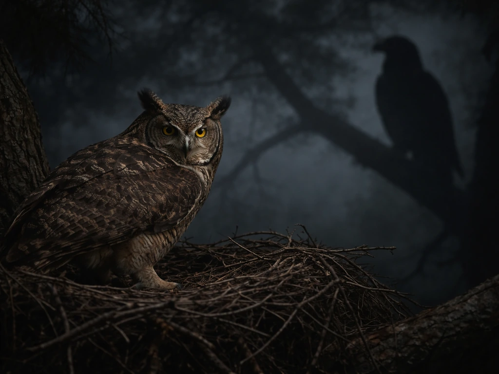 Great horned owl in a nighttime nest with a large eagle-like raptor silhouette in the shadows.