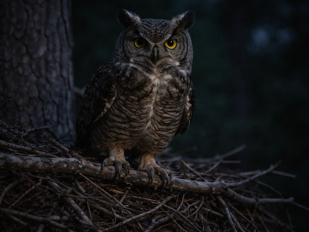 Close nighttime view of a great horned owl perched near an eagle nest, talons visible