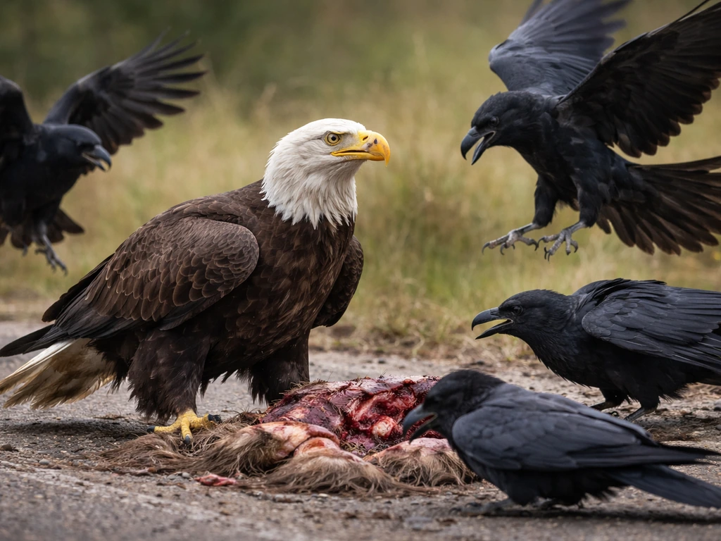 Ravens mob an eagle at a roadside carcass, swooping in close while the eagle stands alert
