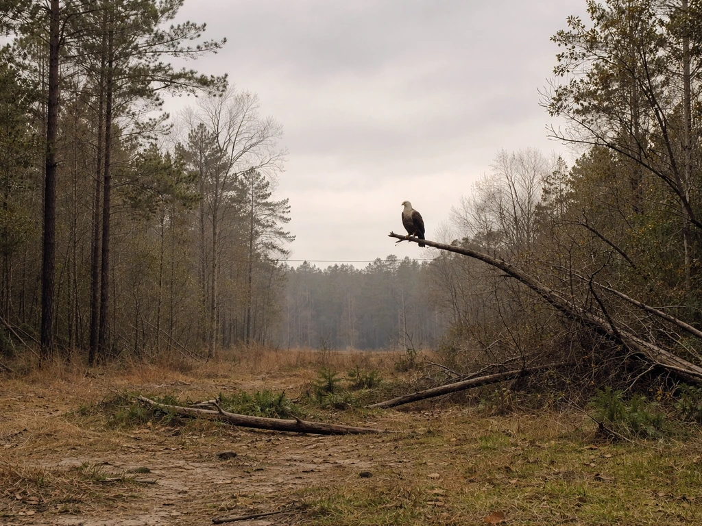 Distant bald eagle perched in a quiet forest clearing with storm-bent trees and a faint power line