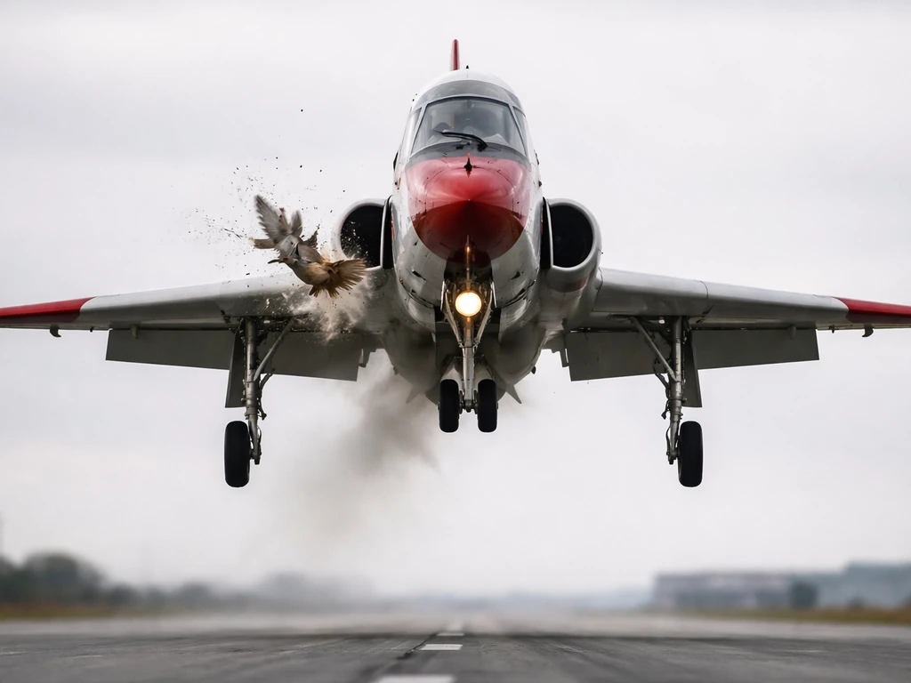 Low-angle view of a jet on approach with a bird mid-strike in its flight path, urgent atmosphere.