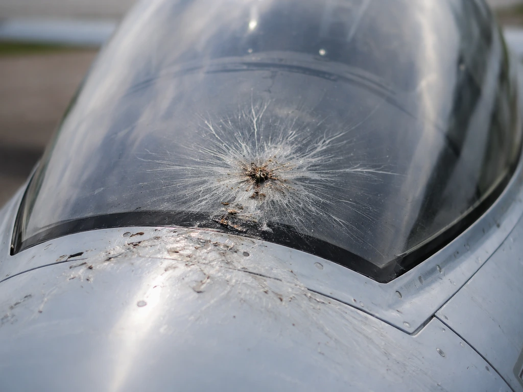 Close-up of an aircraft canopy with realistic bird-strike pitting, cracks, and chipped leading-edge damage.