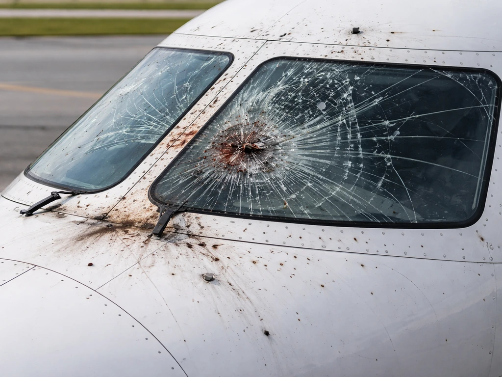 Close-up of a jet nose windscreen with a bird-strike crack and surrounding fuselage damage